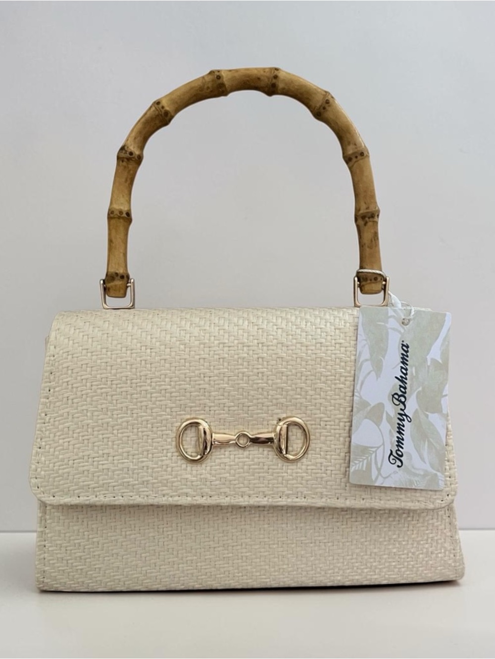 NWT Tommy Bahama Woven Raffia Bamboo Handle Satchel  Crossbody Bag Natural Gold-